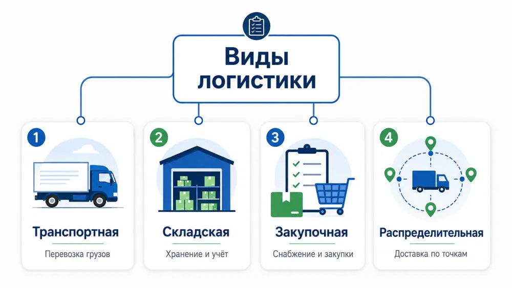Виды логистики:транспортная, складская, закупочная, распределительная