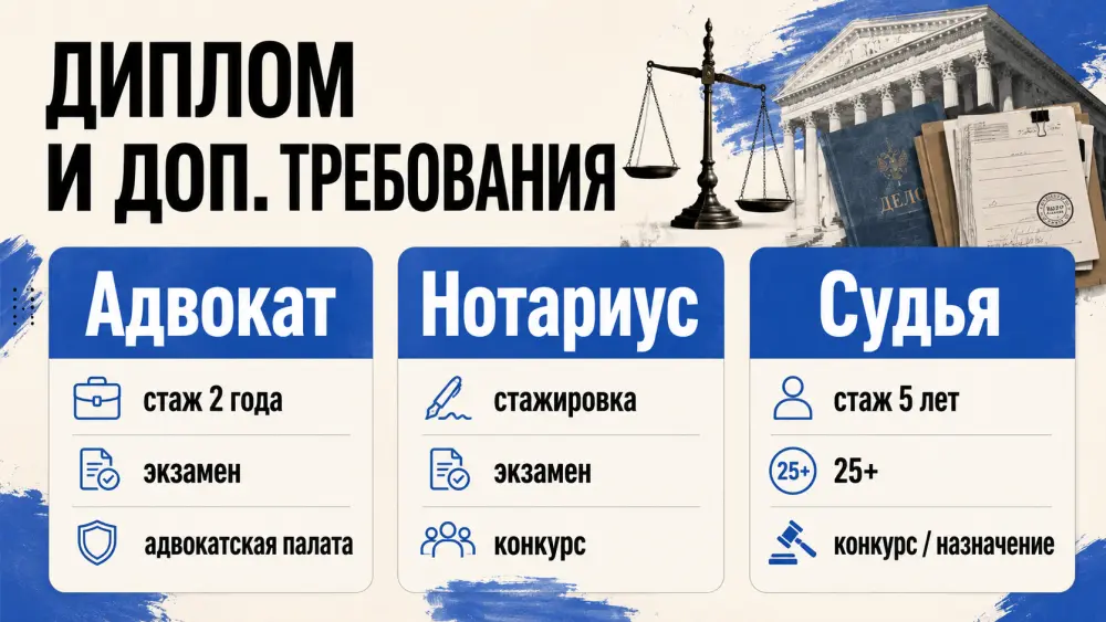 Дополнительные требования для работы адвокатом, нотариусом и судьёй после получения юридического образования