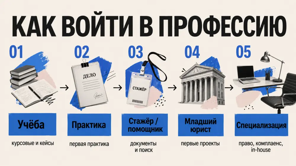 Путь в юридическую профессию: учёба, практика, стажировка, работа младшим юристом и выбор специализации