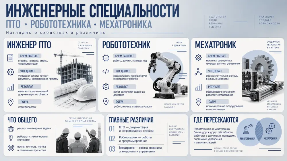 Сравнение инженера ПТО, робототехника и мехатроника: задачи, сферы работы, результаты и общие компетенции