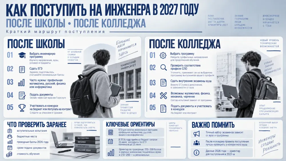 Схема поступления на инженерную специальность в 2027 году после школы и колледжа: экзамены, документы, бюджет и сроки